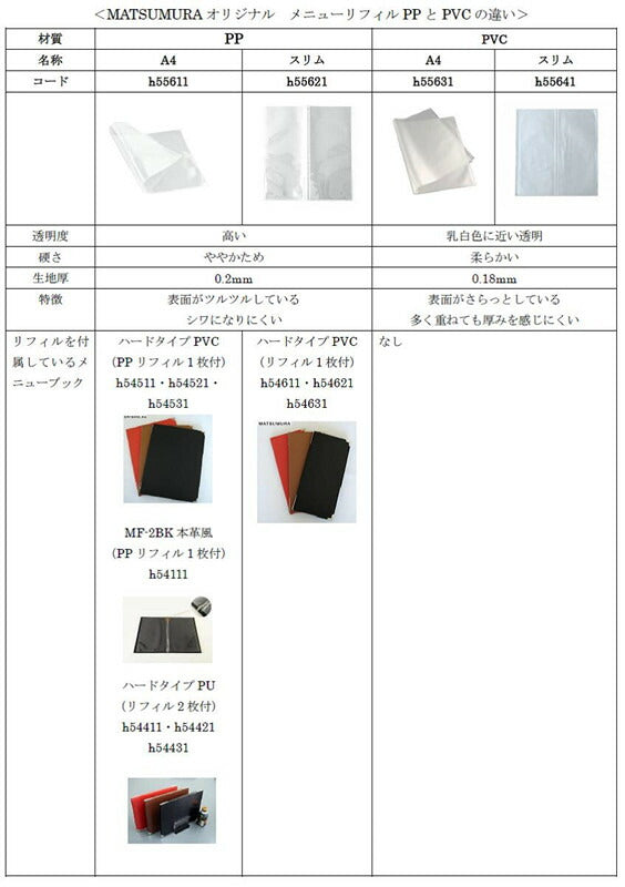 オレフィン製 スリムタイプ メニューブック用 リフィル 1枚 – MATSUMURA(文具・事務用品メーカー）